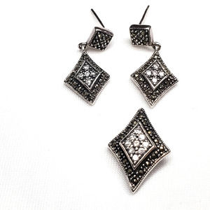 Vintage Sterling Silver Marcasite Genuine Diamond Earrings and Pendant Set